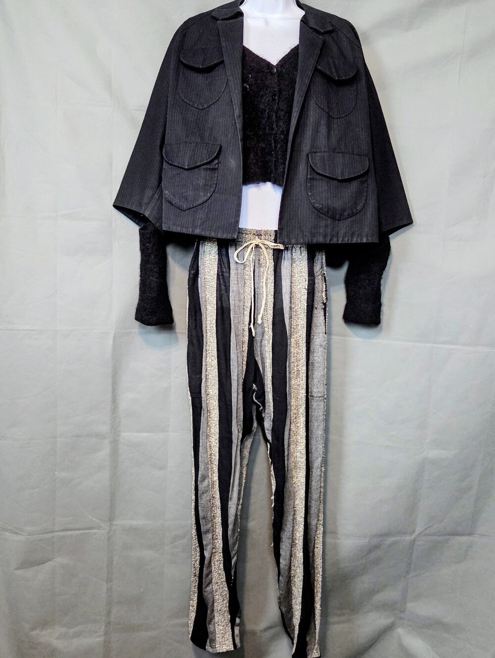 Moroccan Vintage Drawstriing Striped Narow Leg Pants in Silver & Black